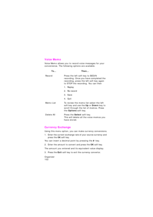 Page 106Organizer                 
102
Voice Memo 
Voice Memo allows you to record voice messages for your 
convenience. The following options are available.
Currency Exchange 
Using this menu option, you can make currency conversions.
1. Enter the current exchange rate of your source currency and 
press the 
OK soft key.
You can insert a decimal point by pressing the # key.
2. Enter the amount to convert and press the OK soft key.
The amount you entered and its equivalent value display.
3. Press the Exit soft...