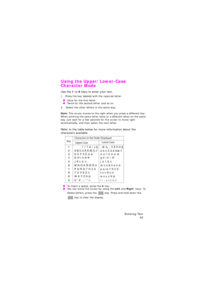 Page 47Entering Text 
43
Using the Upper/Lower-Case 
Character Mode
Use the 1 to 0 keys to enter your text. 
1. Press the key labeled with the required letter:
 OOnce for the first letter OTwice for the second letter, and so on
2. Select the other letters in the same way.
Note: The cursor moves to the right when you press a different key. 
When entering the same letter twice or a different letter on the same 
key, just wait for a few seconds for the cursor to move right 
automatically, and then select the next...