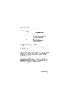 Page 97Phone Settings 
93
Extra Settings 
You can turn the automatic redialing or answering features 
on or off. 
The following options are available.Auto Redial: when this option is checked, the phone makes 
up to ten attempts to redial a phone number after an 
unsuccessful call.
Note: The interval between two call attempts varies.
Active Folder: when this option is checked, you can simply 
open the flip to answer a call. When it is unchecked you 
must open the flip and press a key, depending on the 
AnyKey...