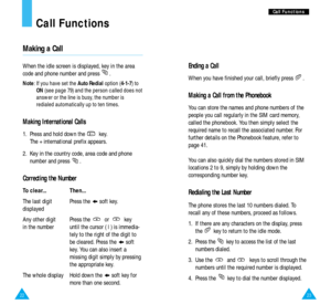 Page 132322
C Ca
al
ll
l 
 F
Fu
un
nc
ct
ti
io
on
ns
s
Call Functions
Making a Call
When the idle screen is displayed, key in the area
code and phone number and press  .
Note: If you have set the Auto Redialoption (4-1-7) to
ON(see page 79) and the person called does not
answer or the line is busy, the number is
redialed automatically up to ten times.
Making International Calls
1.  Press and hold down the  key. 
The + international prefix appears.
2.  Key in the country code, area code and phone
number and...