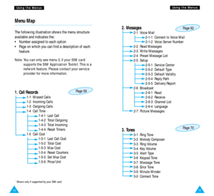 Page 2955
U Us
si
in
ng
g 
 t
th
he
e 
 M
Me
en
nu
us
s
54
U
Us
si
in
ng
g 
 t
th
he
e 
 M
Me
en
nu
us
s
Menu Map
The following illustration shows the menu structure
available and indicates the:
•  Number assigned to each option
•  Page on which you can find a description of each
feature
Note: You can only see menu 0, if your SIM card
supports the SIM Application Toolkit. This is a
network feature. Please contact your service
provider for more information.
1. Call Records
1-1  Missed Calls
1-2  Incoming Calls...
