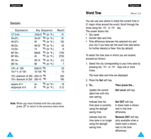 Page 5297
O Or
rg
ga
an
ni
iz
ze
er
r
96
O
Or
rg
ga
an
ni
iz
ze
er
r
World TimeMenu 5-4
You can use your phone to check the current time in
21 major cities around the world. Scroll through the
cities using the  or  key.
The screen shows the:
•  City name
•  Current date and time
•  Time difference between the selected city and
your city if you have set the local time (see below
for further details) or New York (by default)
To select the time zone in which you are located,
proceed as follows.
1.  Select the city...