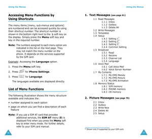 Page 31Using the Menus
56
Accessing Menu Functions by 
Using Shortcuts
The menu items (menu, sub-menus and options) 
are numbered and can be accessed quickly by using 
their shortcut number. The shortcut number is 
shown in the bottom right next to the   soft key on 
the display. Simply press the 
Menu soft key and 
key in the required number.
Note: The numbers assigned to each menu option are 
indicated in the list on the next page. They 
may not match the menu number on the 
phone. It depends on the services...