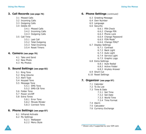 Page 32Using the Menus
58
3.  Call Records (see page 76)
3.1  Missed Calls
3.2  Incoming Calls
3.3  Outgoing Calls
3.4  Delete All
3.4.1  Missed Calls
3.4.2  Incoming Calls
3.4.3  Outgoing Calls
3.5  Call Time
3.5.1  Last Call 
3.5.2  Total Outgoing 
3.5.3  Total Incoming
3.5.4  Reset Timers
4.  Camera (see page 79)
4.1  Take and Send
4.2  New Photo
4.3  My Photos
5.  Sound Settings (see page 82)
5.1  Ring Tone
5.2  Ring Volume
5.3  Alert Type
5.4  Keypad Tone
5.5  Message Tone
5.5.1  SMS Tone
5.5.2  SMS-CB...