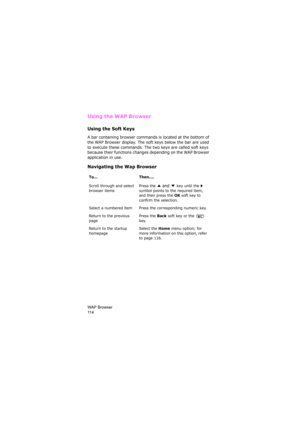 Page 118WAP Browser                
11 4
Using the WAP Browser
Using the Soft Keys
A bar containing browser commands is located at the bottom of 
the WAP Browser display. The soft keys below the bar are used 
to execute these commands. The two keys are called soft keys 
because their functions changes depending on the WAP Browser 
application in use.
Navigating the Wap Browser
To... Then....
Scroll through and select 
browser itemsPress the  and   key until the   
symbol points to the required item, 
and then...
