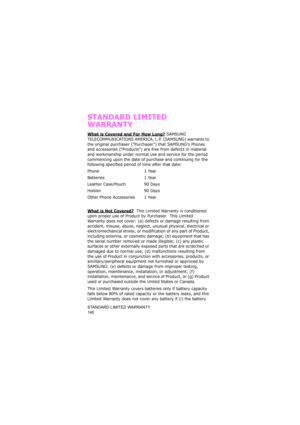 Page 144STANDARD LIMITED WARRANTY                
140
STANDARD LIMITED 
WARRANTY
What is Covered and For How Long? SAMSUNG 
TELECOMMUNICATIONS AMERICA, L.P. (SAMSUNG) warrants to 
the original purchaser (Purchaser) that SAMSUNG’s Phones 
and accessories (Products) are free from defects in material 
and workmanship under normal use and service for the period 
commencing upon the date of purchase and continuing for the 
following specified period of time after that date:
Phone 1 Year
Batteries 1 Year
Leather...