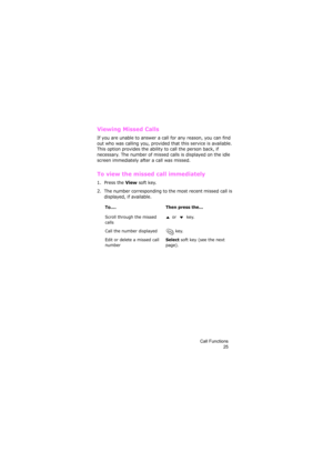 Page 29Call Functions
25
Viewing Missed Calls
If you are unable to answer a call for any reason, you can find 
out who was calling you, provided that this service is available. 
This option provides the ability to call the person back, if 
necessary. The number of missed calls is displayed on the idle 
screen immediately after a call was missed.
To view the missed call immediately
1. Press the View soft key.
2. The number corresponding to the most recent missed call is 
displayed, if available.
To.... Then...