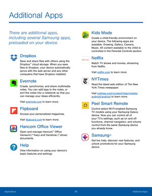 Page 3126Additional Apps
There are additional apps, 
including several Samsung apps, 
preloaded on your device.
Dropbox
Save and share files with others using the 
Dropbox™ cloud storage. When you save 
files to Dropbox, your device automatically 
syncs with the web server and any other 
computers that have Dropbox installed.
Evernote
Create, synchronize, and share multimedia 
notes. You can add tags to the notes, or 
sort the notes into a notebook so that you 
can manage your ideas efficiently.
Visit...