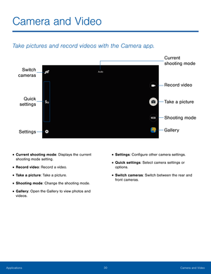 Page 3530Camera and Video
Take pictures and record videos with the Camera app.
Quick 
settings Record video
Take a picture
Shooting mode
Settings
Gallery
Switch 
cameras
Current 
shooting mode
• Current shooting mode: Displays the current 
shooting mode setting.
• Record video: Record a video.
• Take a picture: Take a picture.
• Shooting mode: Change the shooting mode.
• Gallery: Open the Gallery to view photos and 
videos.
• Settings : Configure other camera settings.
• Quick settings: Select camera settings...