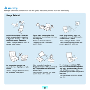 Page 1313
Usage Related
Disconnect all cables connected 
to the computer before cleaning 
it. If you are cleaning a notebook 
computer, remove the battery.
T
here	is	a	danger	of	electric	shock	or	
damage	to	the	product.
Do not connect a phone line 
connected to a digital phone to the 
modem.
T

here	is	a	danger	of	a	electric	shock,	
fire or damage to the product.
Do not place any container filled 
with water or chemicals over or near 
the computer.
I

f	water	or	chemicals	enter	the	
computer, this may cause...