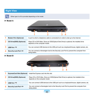 Page 4343
Right View
1ExpressCard Slot (Optional) Install	the	Express	card	into	this	slot.
2CD Drive(ODD) (Optional)Plays	CD	or	DVD	titles.	Since	an	ODD(Optical	Disk	Drive)	is	optional,	the	installed	drive	
depends	on	the	computer	model.
3USB Port You	can	connect	USB	devices	to	the	USB	port	such	as	a	keyboard/mouse,	digital	camera,	etc.
4Security Lock Port You	can	connect	a	Kensington	lock	to	the	Security	Lock	Port	to	prevent	the	computer	from	
being	stolen.	
Either	type	A	or	B	is	provided	depending	on	the...