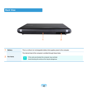 Page 4545
Back View
1BatteryThis	is	a	Lithium-Ion	rechargeable	battery	that	supplies	power	to	the	computer.
2Fan VentsThe	internal	heat	of	the	computer	is	emitted	through	these	holes.If	the	vents	are	blocked	the	computer	may	overheat.
Avoid	blocking	the	vents	as	this	may	be	dangerous.
12 
