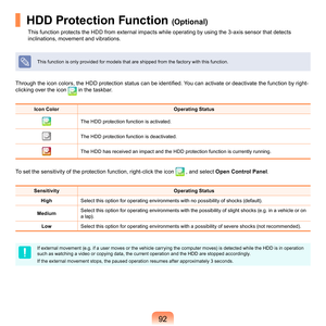 Page 929
HDD Protection Function (Optional)
This	function	protects	the	HDD	from	external	impacts	while	operating	by	using	the	3-axis	sensor	that	detects	
inclinations,	movement	and	vibrations.
This	function	is	only	provided	for	models	that	are	shipped	from	the	factory	with	this	function.
Through the icon colors, the HDD protection status can be identified. You can activate or deactivate the function by right-
clicking	over	the	icon	
	in	the	taskbar.
Icon Color Operating Status
The	HDD	protection	function...