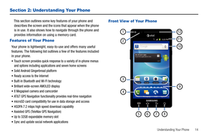 Page 19Understanding Your Phone       14
Section 2: Understanding Your Phone
This section outlines some key features of your phone and 
describes the screen and the icons that appear when the phone 
is in use. It also shows how to navigate through the phone and 
provides information on using a memory card.
Features of Your Phone
Your phone is lightweight, easy-to-use and offers many useful 
features. The following list outlines a few of the features included 
in your phone.
Touch screen provides quick response...