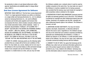 Page 193Warranty Information       188
No reproduction in whole or in part allowed without prior written 
approval. Specifications and availability subject to change without 
notice. [050611]
End User License Agreement for Software
IMPORTANT. READ CAREFULLY: This End User License Agreement 
(EULA) is a legal agreement between you (either an individual 
or a single entity) and Samsung Electronics Co., Ltd. for software 
owned by Samsung Electronics Co., Ltd. and its affiliated 
companies and its third party...