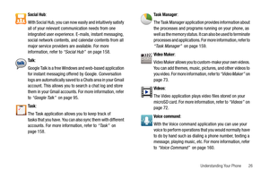 Page 31Understanding Your Phone       26
Social Hub:
With Social Hub, you can now easily and intuitively satisfy 
all of your relevant communication needs from one 
integrated user experience. E-mails, instant messaging, 
social network contents, and calendar contents from all 
major service providers are available. For more 
information, refer to “Social Hub”  on page 158.
Ta l k:
Google Talk is a free Windows and web-based application 
for instant messaging offered by Google. Conversation 
logs are...