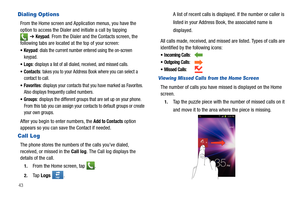 Page 4843
Dialing Options
From the Home screen and Application menus, you have the 
option to access the Dialer and initiate a call by tapping
 
➔ Keypad. From the Dialer and the Contacts screen, the 
following tabs are located at the top of your screen:
Keypad: dials the current number entered using the on-screen 
keypad.
Logs: displays a list of all dialed, received, and missed calls.
Contacts: takes you to your Address Book where you can select a 
contact to call.
Favorites: displays your contacts that you...