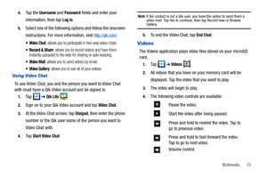 Page 77Multimedia       72 4.
Ta p  t h e  Username and Password fields and enter your 
information, then tap 
Log in.
5.Select one of the following options and follow the onscreen 
instructions. For more information, visit 
http://qik.com/.
 Video Chat: allows you to participate in two-way video chats.
: allows you to record videos and have them 
instantly uploaded to the web for sharing or safe-keeping.
 Video Mail: allows you to send videos by email.
 Video Gallery: allows you to see all of your videos....