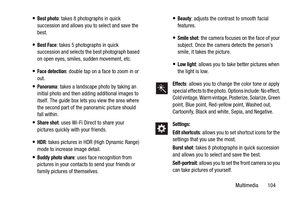 Page 111Multimedia       104
Best photo: takes 8 photographs in quick 
succession and allows you to select and save the 
best.
Best Face: takes 5 photographs in quick 
succession and selects th e best photograph based 
on open eyes, smiles, sudden movement, etc.
Face detection: double tap on a face to zoom in or 
out.
Panorama: takes a landscape photo by taking an 
initial photo and then adding additional images to 
itself. The guide box lets you view the area where 
the second part of the panoramic picture...