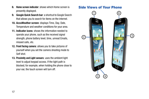 Page 24178.
Home screen indicator: shows which Home screen is 
presently displayed.
9. Google Quick Search bar : a shortcut to Google Search 
that allows you to search for items on the internet.
10. AccuWeather screen : displays Time, Day, Date, 
Temperature and weather conditions for your area.
11. Indicator icons : shows the information needed to 
operate your phone, such as the received signal 
strength, phone battery level, time, unread Emails, 
missed calls, etc.
12.
Front facing camera: allows you to take...