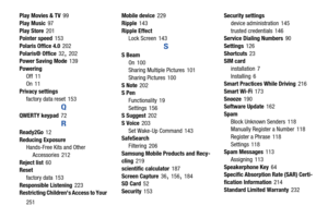 Page 258251
Play Movies & TV
 99
Play Music
 97
Play Store
 201
Pointer speed 153
Polaris Office 4.0
 202
Polaris® Office
 32, 202
Power Saving Mode 139
Powering Off
 11
On 11
Privacy settings factory data reset
 153
Q
QWERTY keypad 72
R
Ready2Go 12
Reducing Exposure Hands-Free Kits and Other 
Accessories
 212
Reject list
 60
Reset
factory data
 153
Responsible Listening
 223
Restricting Children s Access to Your  Mobile device
 229
Ripple
 143
Ripple Effect Lock Screen
 143
S
S Beam
On
 100
Sharing Multiple...