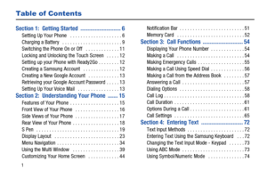 Page 81
Table of Contents
Section 1:  Getting Started  ............................ 6
Setting Up Your Phone   . . . . . . . . . . . . . . . . . . . . 6
Charging a Battery   . . . . . . . . . . . . . . . . . . . . . . . 9
Switching the Phone On or Off   . . . . . . . . . . . . . 11
Locking and Unlocking the Touch Screen   . . . . . 12
Setting up your Phone with Ready2Go . . . . . . . . 12
Creating a Samsung Account   . . . . . . . . . . . . . . 12
Creating a New Google Account   . . . . . . . . . . . . 13...