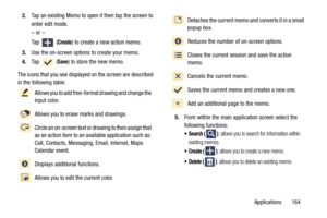 Page 171Applications       164
2.
Tap an existing Memo to open it then tap the screen to 
enter edit mode.
– or –
Ta p   (
Create) to create a new action memo. 
3. Use the on-screen options to create your memo.
4. Ta p   (
Save) to store the new memo.
The icons that you see displayed on the screen are described 
in the following table:
5.From within the main app lication screen select the 
following functions:
 ): allows you to search for information within 
existing memos.
 ): allows you to create a new memo....