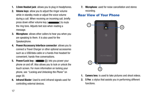 Page 24171.
3.5mm Headset jack: allows you to plug in headphones.
2.
Volume keys: allow you to adjust  the ringer volume 
while in standby mode or adjust the voice volume 
during a call. When receivin g an incoming call, briefly 
press down either volume key (
) to mute 
the ring tone. Adjusts text size when reading a 
message.
3.
Microphone: allows other callers to hear you when you 
are speaking to them. It is also used for the 
Speakerphone.
4. Power/Accessory Interface connector : allows you to 
connect a...