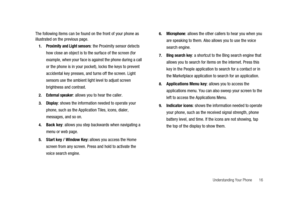 Page 21Understanding Your Phone 16
The following items can be found on the front of your phone as
illustrated on the previous page.
1.Proximity and Light sensors: the Proximity sensor detects
how close an object is to the surface of the screen (for
example, when your face is against the phone during a call
or the phone is in your pocket), locks the keys to prevent
accidental key presses, and turns off the screen. Light
sensors use the ambient light level to adjust screen
brightness and contrast.
2.External...
