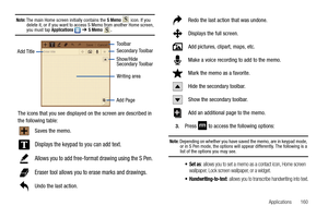 Page 165Applications       160
Note: The main Home screen initially contains the S Memo  icon. If you 
delete it, or if you want to access S Memo from another Home screen, 
you must tap Applications  ➔ S Memo .
The icons that you see displayed on the screen are described in 
the following table:
3.Press   to access the following options:
Note: Depending on whether you have saved the memo, are in keypad mode, 
or in S Pen mode, the options will appear differently. The following is a 
list of the options you may...