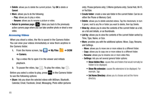 Page 9085
Delete: allows you to delete the current picture. Tap OK to delete or Cancel.
More: allows you to do the following:–Play: allows you to play a video.–Rename: allows you to rename a picture or video.
Return to previous page ( ): takes you back to the previously 
active camera page where you can take another photo or shoot a new 
video.
Accessing Videos
When you shoot a video, the file is saved in the Camera folder. 
You can view your videos immediately or view them anytime in 
the Camera folder.
1.From...