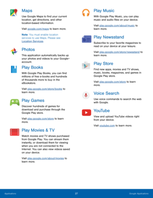 Page 3127Google Applications
Maps
Use Google Maps to find your current 
location, get directions, and other 
location-based information.
Visit google.com/maps to learn more.
Note: You must enable location 
services to use Maps. Please see 
Location Services.
Photos
This application automatically backs up 
your photos and videos to your Google+ 
account.
Play Books
With Google Play Books, you can find 
millions of free e-books and hundreds 
of thousands more to buy in the 
eBookstore.
Visit...