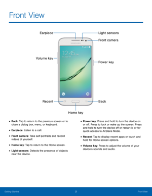 Page 62Front View
RecentPower key Front camera
Back
Earpiece
Volume key
Home key
Light sensors
• Back: Tap to return to the previous screen or to 
close a dialog box, menu, or keyboard.
• Earpiece: Listen to a call.
• Front camera: Take self-portraits and record 
videos of yourself.
• Home key: Tap to return to the Home screen.
• Light sensors: Detects the presence of objects 
near the device. 
• Power key: Press and hold to turn the device on 
or off. Press to lock or wake up the screen. Press 
and hold to...
