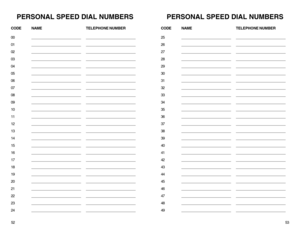 Page 29PERSONAL SPEED DIAL NUMBERS
CODE NAMETELEPHONE NUMBER
00 _________________________ _________________________
01 _________________________ _________________________
02 _________________________ _________________________
03 _________________________ _________________________
04 _________________________ _________________________
05 _________________________ _________________________
06 _________________________ _________________________
07 _________________________ _________________________
08...