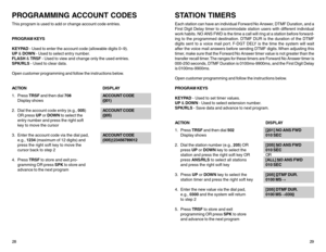 Page 1828PROGRAMMING ACCOUNT CODESThis program is used to add or change account code entries.
PROGRAM KEYS
KEYPAD - Used to enter the account code (allowable digits 0–9).
UP & DOWN - Used to select entry number.
FLASH & TRSF - Used to view and change only the used entries.
SPK/RLS - Used to clear data.
Open customer programming and follow the instructions below.
ACTIONDISPLAY
1. Press TRSF and then dial 708 ACCOUNT CODE
Display shows(
001)
2. Dial the account code entry (e.g., 005)ACCOUNT CODE
OR press UP or...