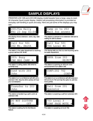 Page 64CONTENTSSAMPLE DISPLAYS
PROSTAR LCD 12B and LCD 24B display model keysets have a large, easy-to-read,\
 
32 character liquid crystal display. Helpful call processing information is provided so
everyday call handling is quick and easy. Here are just some of the displays you may
see.
4.3.6   