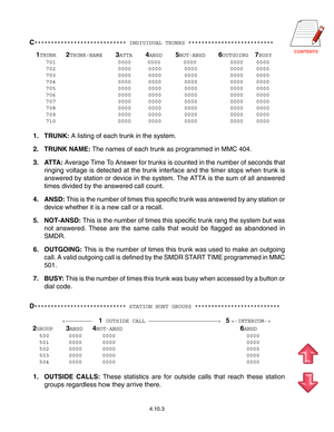 Page 76CONTENTS
4.10.3
**************************** INDIVIDUAL TRUNKS **************************
  
TRUNK   TRUNK-NAME    ATTA    ANSD    NOT-ANSD    OUTGOING  	BUSY
     701                   0000     0000       0000         0000    0000
     702                   0000     0000       0000         0000    0000
     703                   0000     0000       0000         0000    0000
     704                   0000     0000       0000         0000    0000
     705                   0000     0000       0000...