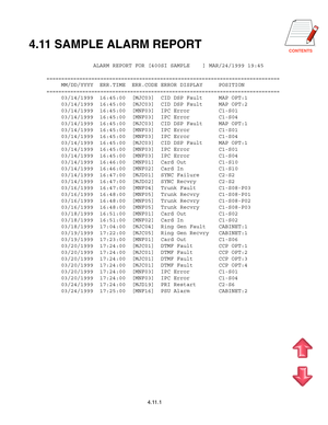 Page 79CONTENTS
4.11.1
4.11 SAMPLE ALARM REPORT
                    ALARM REPORT FOR [400SI SAMPLE    ] MAR/24/1999 19:45
        ==============================================================================
          MM/DD/YYYY  ERR.TIME  ERR.CODE ERROR DISPLAY     POSITION
        ==============================================================================
          03/14/1999  16:45:00  [MJC03]  CID DSP Fault     MAP OPT:1
          03/14/1999  16:45:00  [MJC03]  CID DSP Fault     MAP OPT:2...