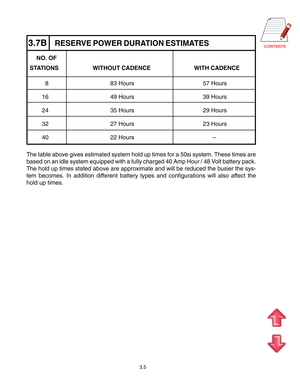 Page 233.7BRESERVE POWER DURATION ESTIMATES
     NO. OF
 STATIONS WITHOUT CADENCE WITH CADENCE
8 83 Hours 57 Hours
16 49 Hours 39 Hours
24 35 Hours 29 Hours
32 27 Hours 23 Hours
40 22 Hours       –
The table above gives estimated system hold up times for a 50si system. These times are
based on an idle system equipped with a fully charged 40 Amp Hour / 48 Volt battery pack.
The hold up times stated above are approximate and will be reduced the busier the sys-
tem becomes. In addition different battery...