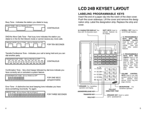 Page 54
5
LCD 24B KEYSET LAYOUTLABELING PROGRAMMABLE KEYSInser t the end of a paper clip into the notch of the clear cover.
Push the cover sideways. Lift the cover and remove the desig-
nation strip. Label the designation strip. Replace the strip and
cover.
VOL
SPK
HOLD TRSFANS/
1
2ABC
3DEF
4GHI
5JKL
6MNO
7PRS
8TUV
9WXY
0OPER
RLS
SCROLL
HOLD KEY
TRANSFER KEY
ANSWER/RELEASE KEY
PULLOUT
DIRECTORY TRAY
32 CHARACTER DISPLAY
Two
lines with 16 characters each. SOFT KEYS
Used to
activate features via
the display....