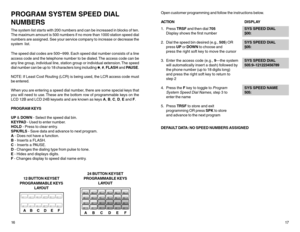 Page 1216PROGRAM SYSTEM SPEED DIAL
NUMBERSThe system list starts with 200 numbers and can be increased in blocks of ten.
The maximum amount is 500 numbers if no more than 1000 station speed dial
numbers are assigned. See your service company to increase or decrease the
system list.
The speed dial codes are 500
–999. Each speed dial number consists of a line
access code and the telephone number to be dialed. The access code can be
any line group, individual line, station group or individual extension. The speed...