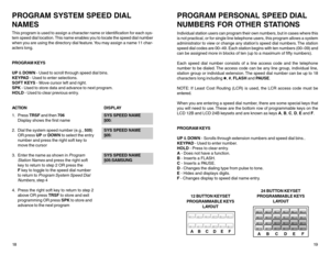 Page 1318PROGRAM SYSTEM SPEED DIAL
NAMESThis program is used to assign a character name or identification for each sys-
tem speed dial location. This name enables you to locate the speed dial number
when you are using the directory dial feature. You may assign a name 11 char-
acters long.
PROGRAM KEYS
UP & DOWN - Used to scroll through speed dial bins.
KEYPAD - Used to enter selections.
SOFT KEYS - Move cursor left and right.
SPK - Used to store data and advance to next program.
HOLD - Used to clear previous...
