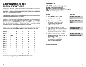Page 1930ADDING  NAMES TO THE
TRANSLATION TABLEThis program allows the system administrator or technician to associate a CID
number received from the Central Office with a name programmed in this trans-
lation table. If there is no match between a received number and a name in this
table, [no CID name] will be displayed.
The translation table consists of 350 entries which each entry comprised of ten
digit telephone number and a 16 digit name.
Names are written using the keypad. Each press of a key will select a...