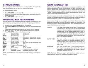 Page 25WHAT IS CALLER ID?Caller ID is the name given to the telephone company-provided feature that
delivers the telephone number and sometimes the name of the person call-
ing your phone. There are two types of Caller ID; the first delivers the calling
party’s telephone number only and the second (sometimes referred to as
“Deluxe” Caller ID) delivers both the calling party’s telephone number and
name as listed in the telephone directory. 
The phone system can handle both types of Caller ID; in fact, in the...