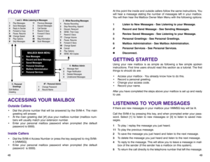 Page 28At this point the inside and outside callers follow the same instructions. You
will hear a message stating the number of messages left in your mailbox.
You will then hear the Mailbox Owner Main Menu with the following options:
1 Listen to New Messages - See Listening to your Message.
2 Record and Send Message - See Sending Messages.
3 Review Saved Messages - See Listening to your Message.
5 Personal Greetings - See Personal Greetings.
6 Mailbox Administration - See Mailbox Administration. 
# Personal...