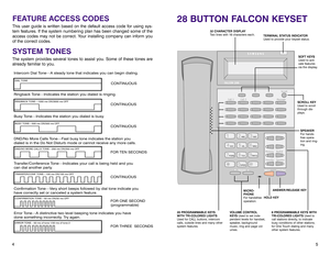 Page 65
28 BUTTON FALCON KEYSET
Scroll
Call 1 Call 2 Message
Memory Redial
Transfer Speaker
HOLDANS/RLS
Volume12
ABC
3DEF
4GHI
5JKL
6MNO
7PQRS
8TUV
9WXYZ
0OPER
FALCON 28B
32 CHARACTER DISPLAY
Two lines with 16 characters each.
TERMINAL STATUS INDICATOR
Used to provide your keyset status.
SOFT KEYS
Used to acti-
vate features
via the display.
SCROLL KEY
Used to scroll
through dis-
plays.
20 PROGRAMMABLE KEYS
WITH TRI-COLORED LIGHTS
Used for CALL buttons, intercom
calls, outside lines and many other
system...