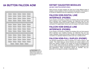 Page 8KEYSET DAUGHTER MODULES[28 AND 18 BUTTON KEYSETS ONLY]
Falcon 28 and 18 button keysets can have one of three different types of
daugher module installed on them to enhance the operation of the keyset or
to provide an additional local port depending on the type of module.FALCON KDB-DIGITAL LINE 
INTERFACE (FKDBD)If your keyset is connected to a Digital Line Interface (DLI) port that supports
2B+D operation (your installing company can determine this) you may
install a daughter module that provides a...