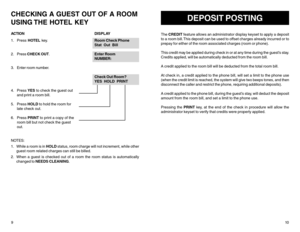 Page 7CHECKING A GUEST OUT OF A ROOM
USING THE  HOTEL  KEYACTIONDISPLAY
1. Press HOTEL key.Room Check Phone
Stat  Out  Bill
2. Press CHECK OUT.Enter Room
NUMBER:
3. Enter room number.
Check Out Room?
YES  HOLD  PRINT
4. Press YES to check the guest out
and print a room bill.
5. Press HOLD to hold the room for
late check out.
6. Press PRINT to print a copy of the
room bill but not check the guest
out.
NOTES:
1. While a room is in HOLD status, room charge will not increment, while other
guest room related...