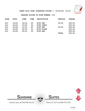 Page 139CONTENTS
          GUEST BILL FROM [SUNSHINE SUITES ]  01/22/98  14:35
                CHARGES BILLED TO ROOM NUMBER: 213
ROOM DATE TIME ITEM DESCRIPTION DETAILS CHARGE
213 01/23 12:22  89 W/UP SET 05:30 000.00
213 01/23 12:25  92 W/UP CANCL 000.00
213 01/24 11:51  89 W/UP SET 05:30 000.00
213 01/25 05:30  91 W/UP N/ANS 000.00
213 01/25 05:31  90 W/UP ANS 000.00
TOTAL 000.00
  Miami, FL 33172    (800) 876-4782
Sunshine Suites    2700 NW 87th Ave
6–4.23
SUNSHINESUITES 