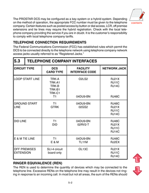 Page 69CONTENTS
The PROSTAR DCS may be configured as a key system or a hybrid system. Depending
on the method of operation, the appropriate FCC number must be given to the telephone
company. Certain features such as pooled access by button or dial access, LCR, off premise
extensions and tie lines may require the hybrid registration. Check with the local tele-
phone company providing the service if you are in doubt. It is the customer’s responsibility
to comply with local telephone company tariffs.
TELEPHONE...